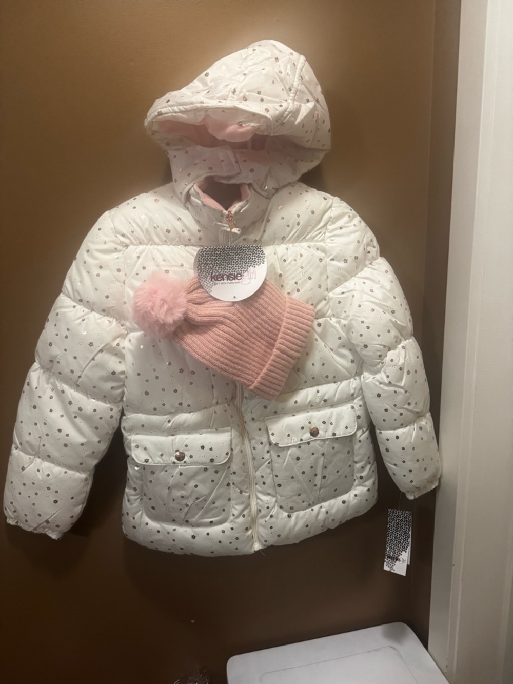 Kensie Girl Cream Puffer Jacket with Blush Pink Pom Beanie